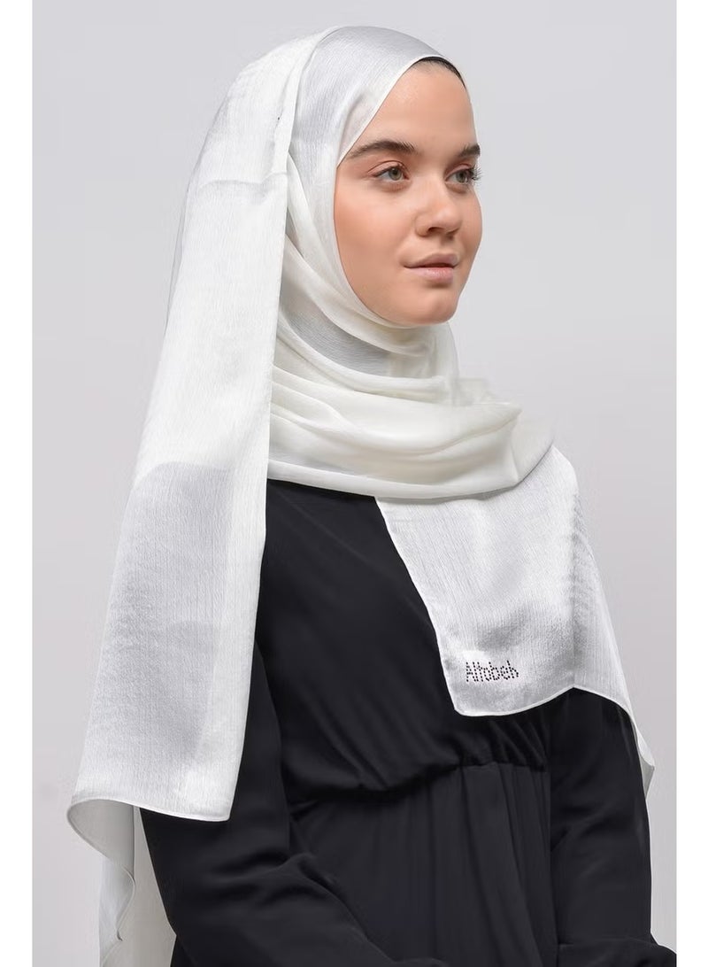 Altobeh Janjan Shiny Satin Textured Hijab Evening Dress Chiffon Shawl-Ecru - Image 2